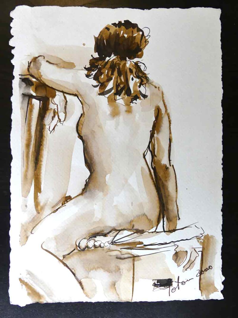 boceto mujer de espaldas en silla, acuarela de Antonio García Calvente