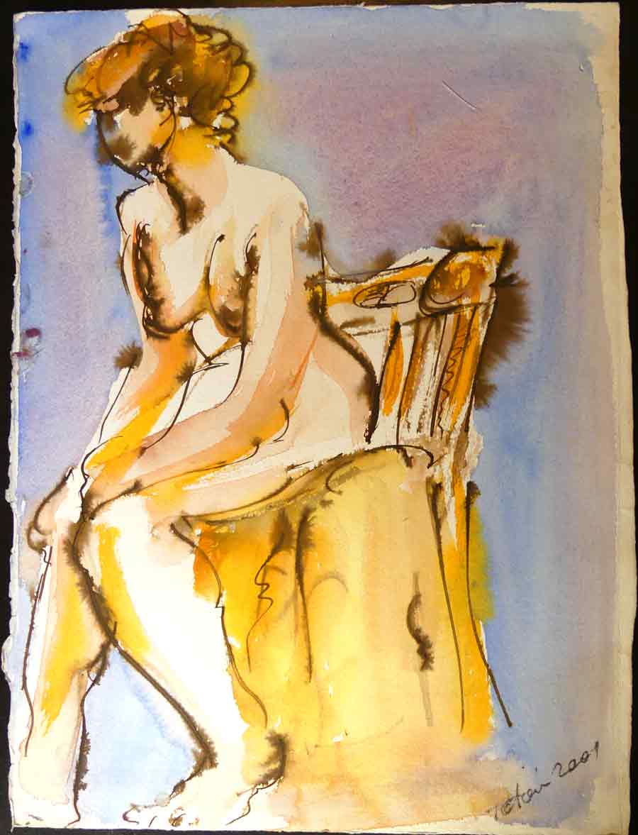 pintura acuarela desnudo mujer sentada colores Antonio García