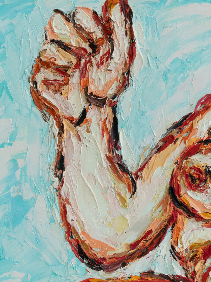 pintura figurativa desnudo mujer corriendo detalle mano