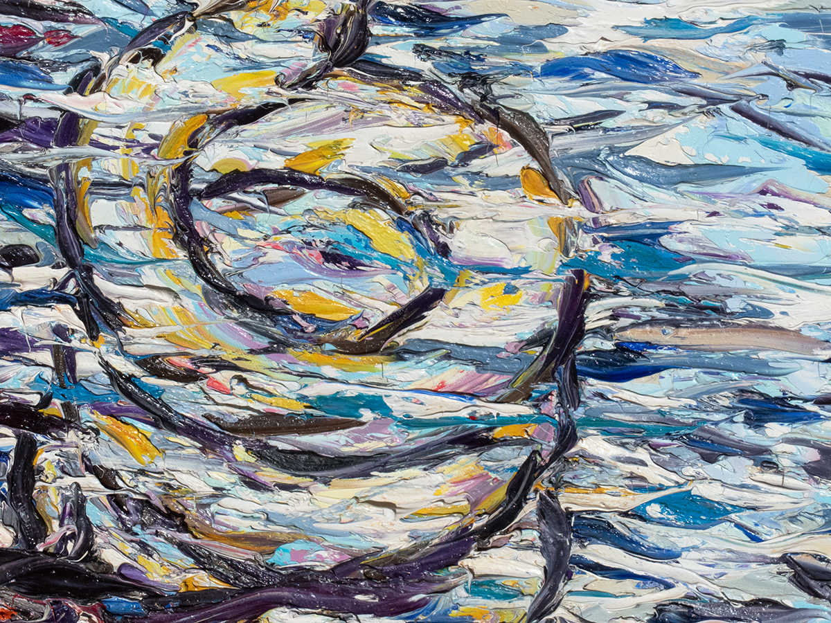 Pintura tres serpientes en una charca óleo sobre lienzo detalle agua
