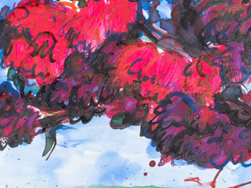 pintura ciruelo florido con acuarelas y tintas