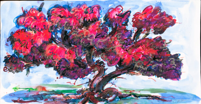 pintura ciruelo florido con acuarelas y tintas